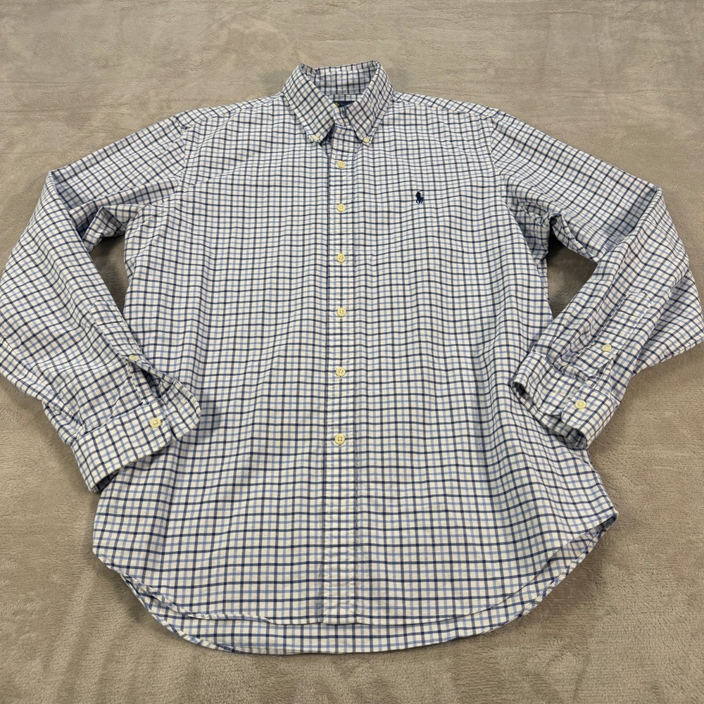 Ralph Lauren Mens Large Blue White Plaid Cotton Button Down Long Sleeve Shirt